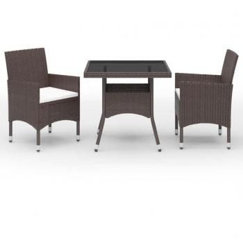Set Pranzo Giardino 3pz Polyrattan e Vetro Temperato Marrone