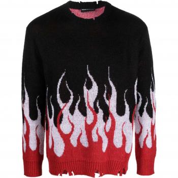 Men's Jacquard Flames Jumper Sweater Black/Red/White