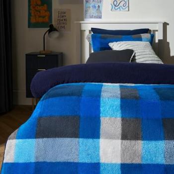 Patchwork Check Double Duvet Cover with Sherpa Lining – Navy/Grey