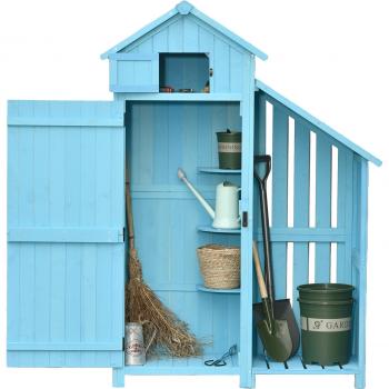 Boîte de jardin OutSunny – Armoires outils 3 étagères, double porte avec loquet, espace bûcheron, toit incliné bitume, bois sapin traité, bleu