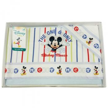 Set lenzuola 3pz culla carrozzina bimbo neonato Mickey Disney baby bianco cielo