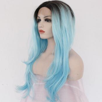 Peluca Bombshell sintética, malla frontal, corte medio, negro ombré azul, fibra resistente al calor