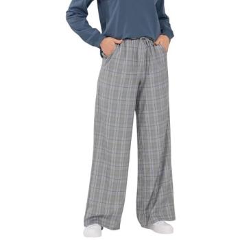 Grey Tall Checkerboard Pants for Women – Elastic Waist, Wide Leg