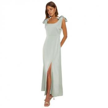 Petite Sage Green Satin Midi Bridesmaid Dress with Tie Shoulder – UK 6