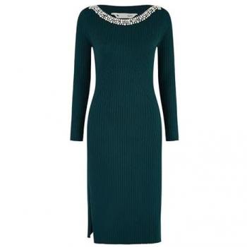 Leafy Pearl V-Neck Knitted Midi