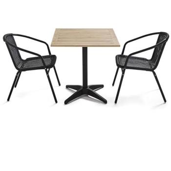 Table de jardin en bois avec 2 chaises en résine