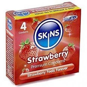 Skins brand condoms in Strawberry, 4-count