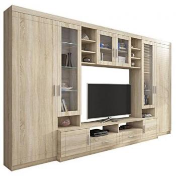 Módulo de salón Tucson 108, Roble Sonoma, Sólido, Con mesa de TV y LED, MDF y Aglomerado laminado, 198x340x44cm