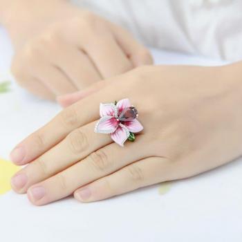 Pink Flower Promise Ring with Red Gem