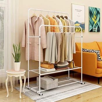 JURMERRY Robust Metal Wardrobe Rail and Shelf – Dual Hanging, White