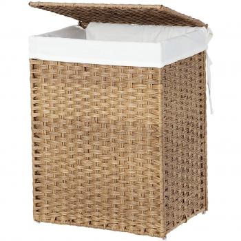 Corbeille à linge 90L en rotin synthétique, sac intérieur amovible, couleur boisée