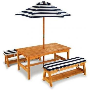 12-106 Gartentisch & Bänke mit Sitzkissen/Sonnenschirm De