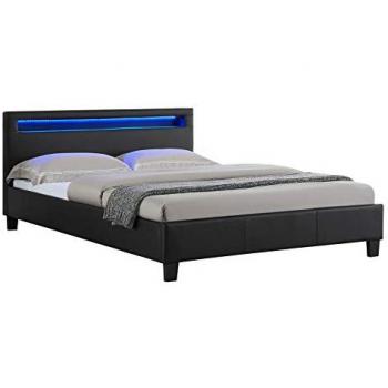 Lit double adulte PINOT 140x190 cm avec sommier et tête de lit en synthétique noir