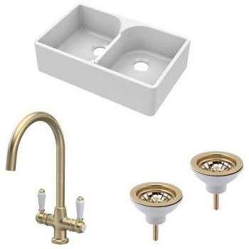 Balterley Brushed Brass Fireclay Double Bowl Butler Sink and Tap Set 795mm