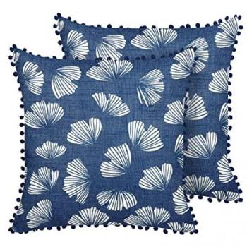 Set di 2 cuscini decorativi blu scuro in poliestere 45 x 45 cm con stampa ginkgo biloba e pompon
