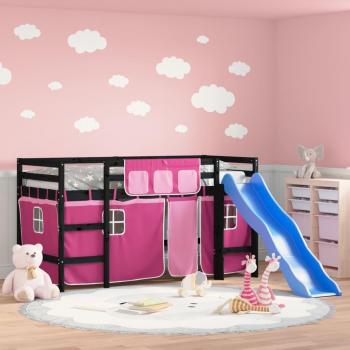 Lit mezzanine enfants avec rideaux roses 90x200 cm en bois de pin massif