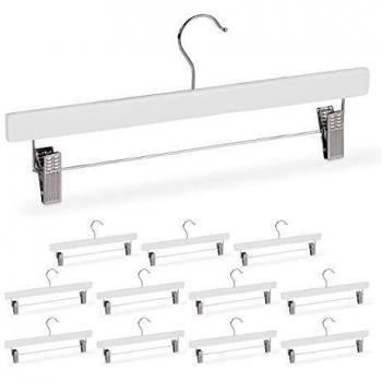 Perchas para Pantalones y Faldas con Pinzas, 12 Unidades, Madera-Hierro, 35.5 cm, Blanco