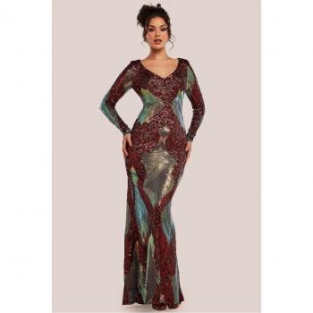 Goddiva Long Sleeve Sequin Maxi Dress – Deep Red