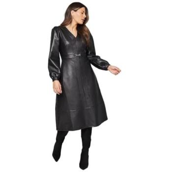 Wallis Women’s 10‑Size Black Leather‑Style Midi Dress with Snaffle Closure