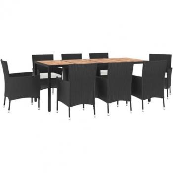 9 Piece Black Poly Rattan Garden Dining Set with Cushions