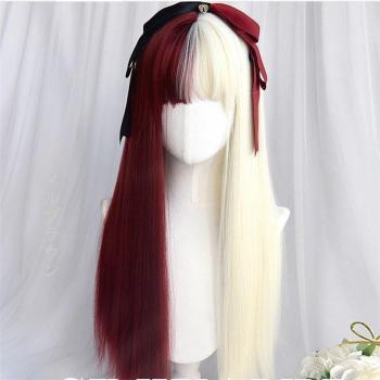 Perruque de Fête Lolita – 55-70 cm, Synthétique, Ondulations Légères, Palette Rouge, Blanc & Noir