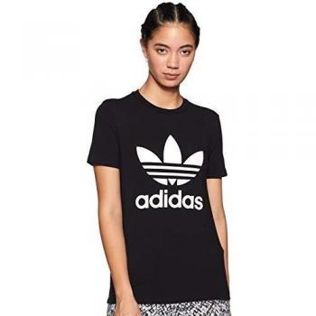 Adidas Women's Black/White Trefoil T-Shirt with Logo Print in Size 42