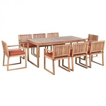 Set Giardino Acacia Chiaro con Tavolo e 8 Sedie Cuscini Rosso Sassari II