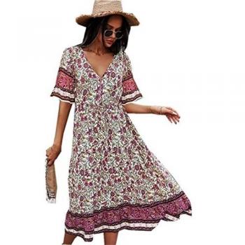 Jiraewh Damen Boho Sommerkleid Blumen Kurzarm V-Ausschnitt mit Gürtel