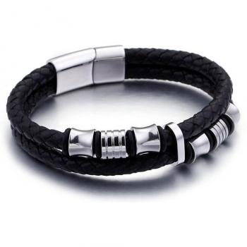 Zwart Leederen Armband voor Mannen, 2-Lagen Design met Gouden Metal Magnetische Sluiting