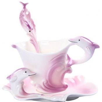 Charming Dolphin Porcelain Coffee Cup Set with Saucer (Purple)