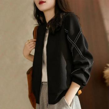 Veste noire en coton à col montant pour femmes, uniforme de baseball, manteau de gymnastique à manches longues avec bande croisée