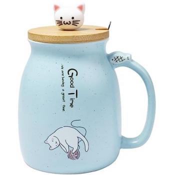 Tasse à thé chat adorable bleu 450 ml – avec couvercle et cuillère