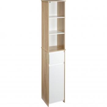 Kleankin Armario Columna de Baño Alto con 1 Puerta Cajón 3 Estantes Madera Natural y Blanco 32,6x30x171,2 cm Aosom España