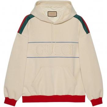Gucci Men's Beige Web-Stripe Logo Hoodie, Size XL