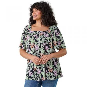 Curvy Women's Tropical Print Square Neck Top in Black Denim