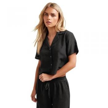 Petite Linen Blouse, Women's, Black, Size 8