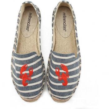 Minmclas Blau gestreifte Espadrilles für Damen mit Hummer-Stickerei