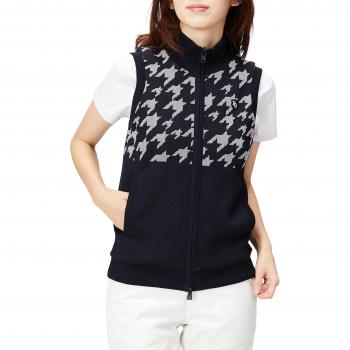 Women’s Dark Navy Knit Golf Vest with Houndstooth Pattern (Reversible)