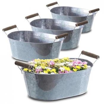 Ovale Zink Blumenkästen mit Holzgriffen (4er Set)