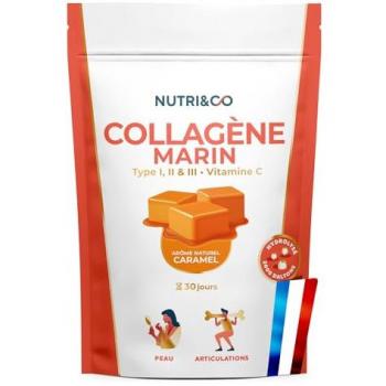 Collagène Marin Types 1, 2 & 3 + Vit C | Peau & Articulations Souples | Poudre Saveur Caramel | 180g Made in France | Nutri&Co