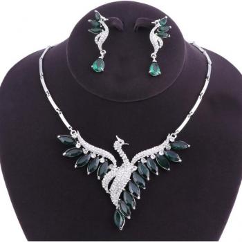 Pfauen-Design Schmuckset zur Hochzeit: Kette und Ohrringe