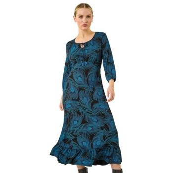 Roman Women’s Midi Dress, Feather Print, Keyhole Detail, Blue, Size 16