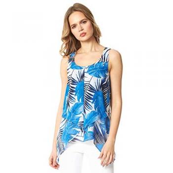 Blue Tropical Leaf Print Asymmetric Chiffon Top