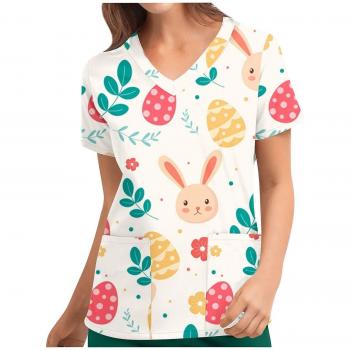 Vêtement médical féminin – Scrub avec motif de Pâques – Manches courtes – Beige – T-shirt – S