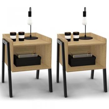 Lot de 2 tables de chevet design industriel avec niche en bois et pieds métal noir