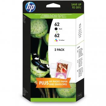Set 2 Cartucce Inchiostro HP 62 Originale Nero e Tricromia con Carta Fotografica HP, per ENVY 5640 & 7640