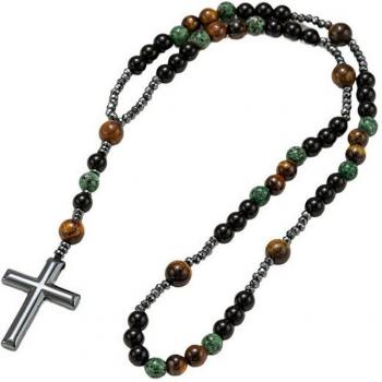 Edelstahl-Halsband „Feuerkristall“ – Kreuzanhänger, Glasstein, Hämatit, Tigerauge, Türkis (Made in Germany)