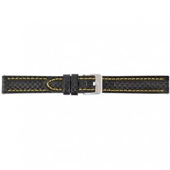 BandOh 18 mm Schwarzes Leder-Uhrarmband – Gelbe Naht, Carbon Look, Dornverschluss