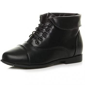 AJVANI Low Heel “Pixie” Granny Faux Leather Ankle Shoes – Black