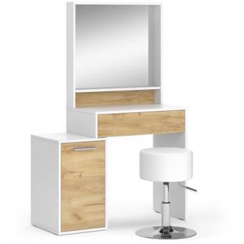 Coiffeuse Vicco Altea en Chêne Doré et Blanc de 95 cm avec tabouret